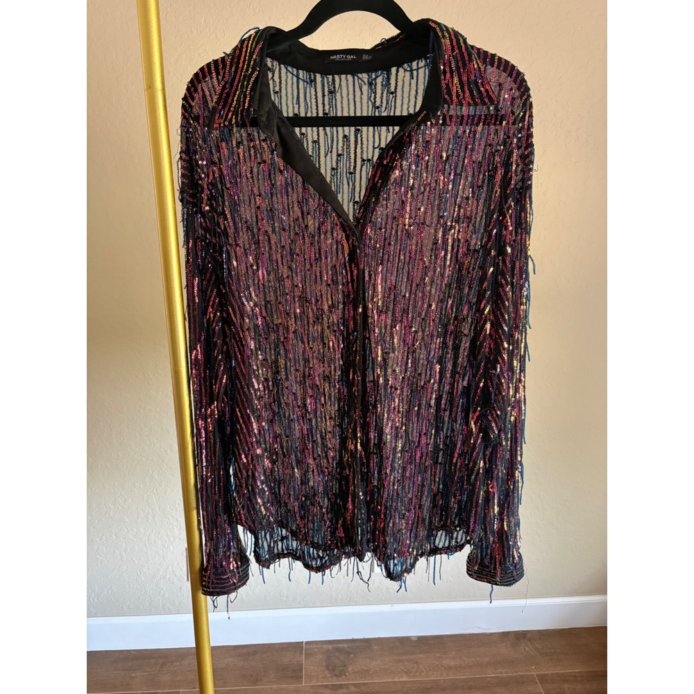 Nasty Gal Shirt‎ Sheer Mesh Sequin Fringe Button Down Shirt Multicolor Size 8